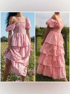LoveShackFancy Pink Tiered Off-Shoulder Maxi Dress